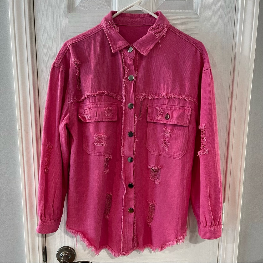 Denim Pink Women's Ripped
Distressed Jacket Drop Shoulder Small Oversized NWOT - Picture 2 of 9